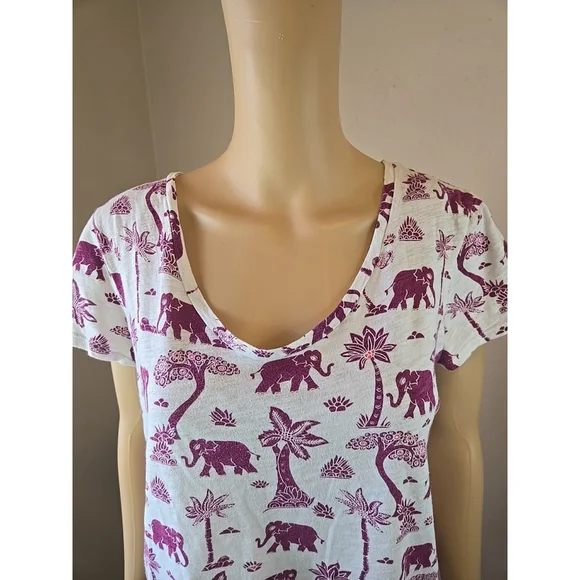 LOFT Women's White Purple Elephant Print Short Sleeve Cotton T-Shirt Size Small - Picture 2 of 6